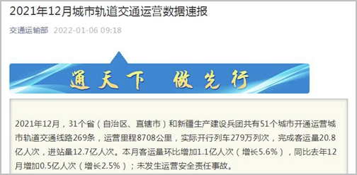 12月客运量环比增加1.1亿人次 同比增加0.5亿人次